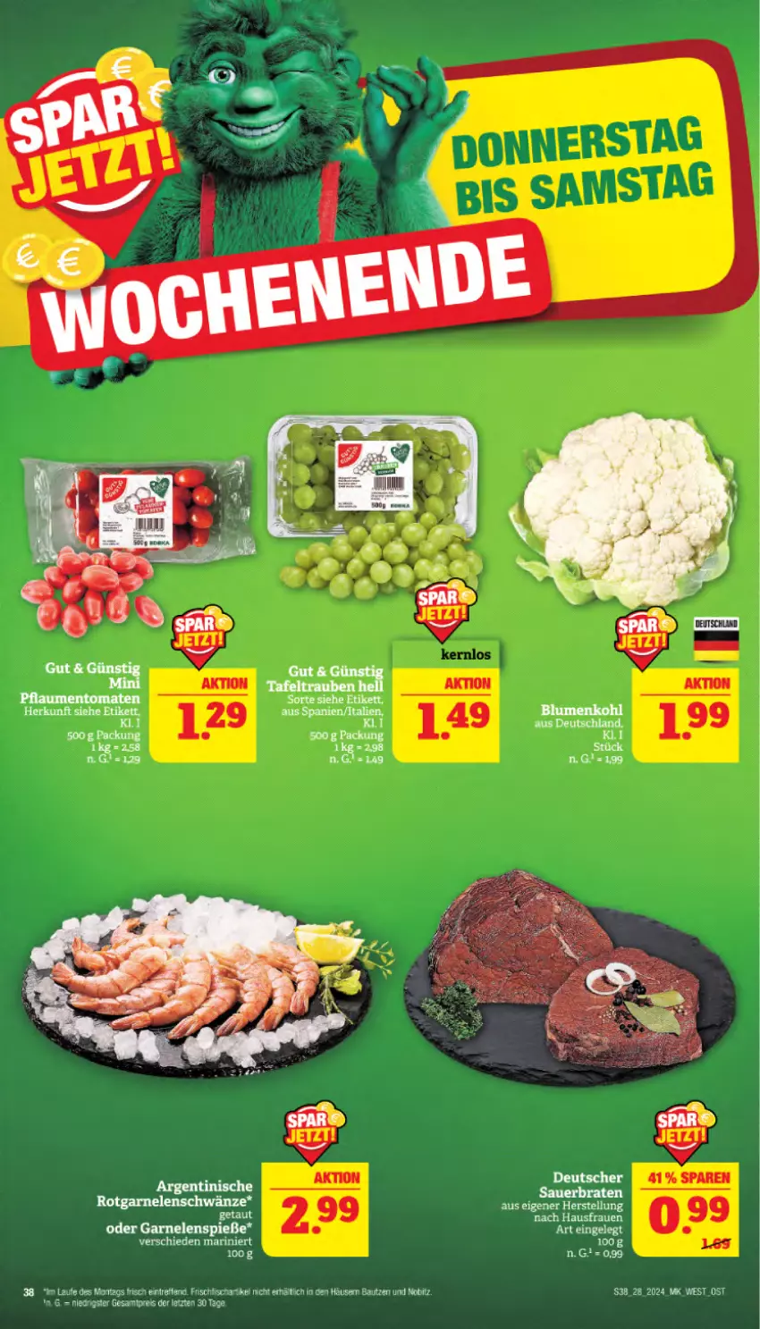 Aktueller Prospekt Marktkauf - Prospekt - von 07.07 bis 13.07.2024 - strona 38 - produkty: auer, Bau, blume, blumen, blumenkohl, braten, eis, fisch, frischfisch, garnelen, pflaume, pflaumen, reis, salat, Ti, tomate, tomaten, ZTE