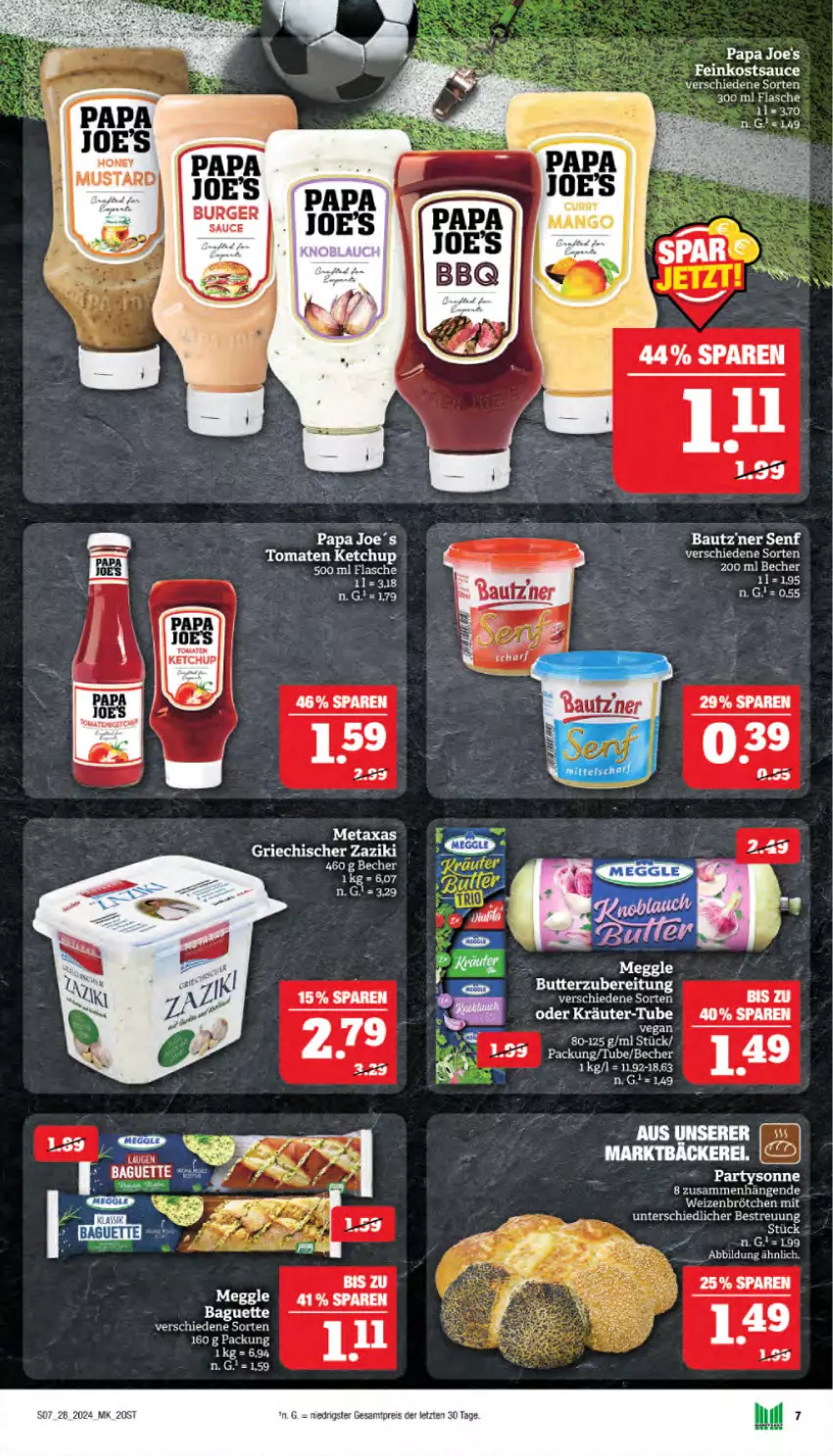 Aktueller Prospekt Marktkauf - Prospekt - von 07.07 bis 13.07.2024 - strona 7 - produkty: baguette, Becher, brötchen, burger, Burger Sauce, butter, eis, flasche, ketchup, kräuter, meggle, Metaxa, oder kräuter, Papa Joe's, reis, sauce, Ti, tomate, tomaten, tomaten ketchup, weizenbrötchen, zaziki, ZTE