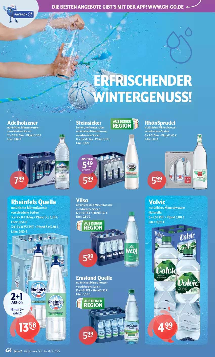 Aktueller Prospekt Getraenke Hoffmann - Prospekte - von 15.12 bis 20.12.2025 - strona 2 - produkty: adelholzener, Alwa, angebot, angebote, bio, eis, elle, Holz, mineralwasser, natur, natürliches mineralwasser, nuss, reis, rel, rheinfels quelle, RhönSprudel, Sprudel, Steinsieker, Ti, vilsa, volvic, volvic natürliches, wasser