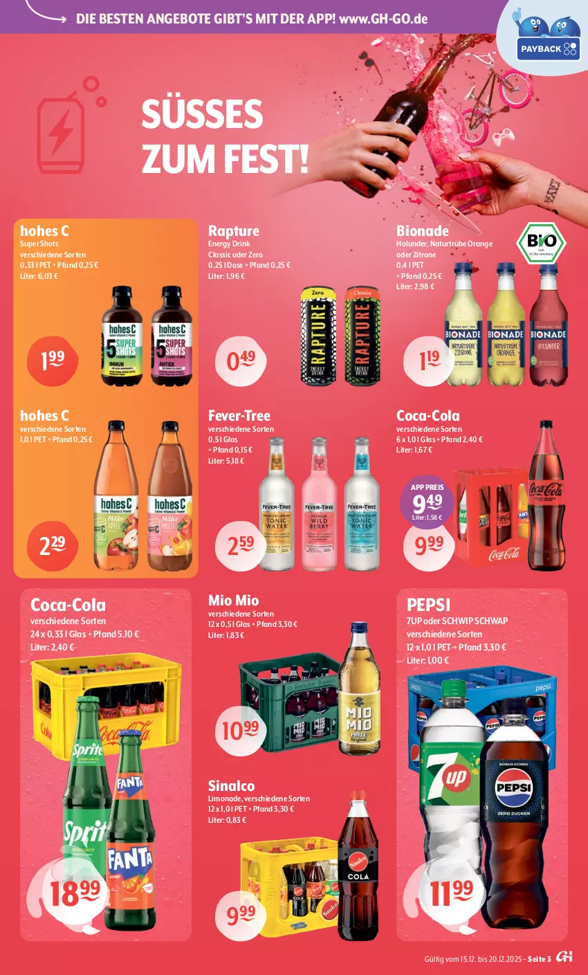 Aktueller Prospekt Getraenke Hoffmann - Prospekte - von 15.12 bis 20.12.2025 - strona 3 - produkty: 7UP, angebot, angebote, bio, bionade, coca-cola, cola, drink, eis, energy drink, fever-tree, Hohes C, holunder, limo, limonade, Mio Mio, natur, orange, pepsi, reis, Schwip Schwap, sinalco, Ti, zitrone