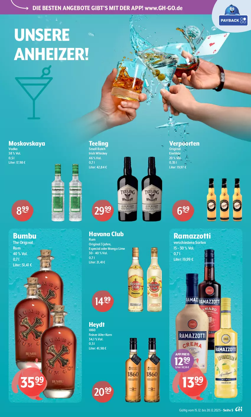 Aktueller Prospekt Getraenke Hoffmann - Prospekte - von 15.12 bis 20.12.2025 - strona 5 - produkty: angebot, angebote, Bumbu, eier, eierlikör, eis, gin, Havana Club, irish whiskey, korn, likör, mango, moskovskaya, rama, ramazzott, ramazzotti, reis, rum, tee, Ti, verpoorten, vodka, whiskey, zott