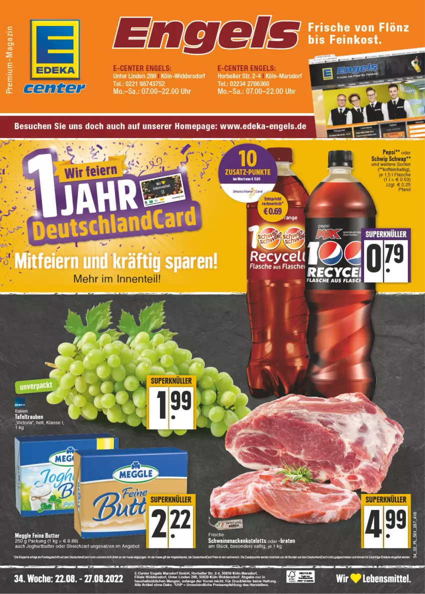 Aktueller Prospekt E Center - Angebote der Woche - von 22.08 bis 27.08.2022 - strona 1 - produkty: angebot, bett, butter, eis, elle, Engel, ente, joghur, joghurt, kotelett, lebensmittel, LG, magazin, mars, meggle, nackenkoteletts, pepsi, reis, reiss, Ria, rwe, saft, salz, schwein, schweine, schweinenacken, Streichzart, tafeltrauben, tee, teller, Ti, trauben, uhr, wein, weine