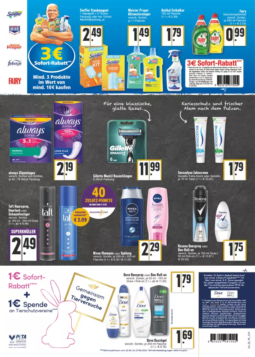 Aktueller Prospekt E Center - Angebote der Woche - von 22.08 bis 27.08.2022 - strona 15 - produkty: Alwa, Always, arla, Brei, coupon, creme, dailies, deo, deospray, dove, duschgel, eis, fairy, febreze, flasche, geschenkset, geschirr, gillette, gin, Haarlack, haarspray, lack, latte, mac, mach3, nivea, Rasierklinge, rasierklingen, reiniger, rel, rexona, roll-on, sensodyne, shampoo, shampoo oder spülung, slip, slipeinlagen, sofort-rabatt, spülung, Taft, tee, Ti, tücher, weck, zahncreme