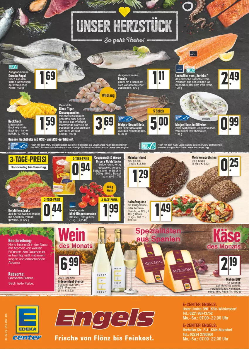 Aktueller Prospekt E Center - Angebote der Woche - von 22.08 bis 27.08.2022 - strona 16 - produkty: aqua, arla, backfisch, beutel, brot, brötchen, cola, Dorade, dorade royal, eis, feinkost, filet, filets, fisch, fische, Fischer, fischtheke, flasche, frucht, geback, gewürz, grill, Holz, knoblauch, korn, Kornbrot, lachs, lachsfilet, LG, matjes, Matjesfilet, matjesfilets, mehrkornbrötchen, milch, Ofen, reis, Ria, rucola, sauce, Schere, schwein, schweine, tee, Ti, tisch, tomate, uhr, wein, weine, Wild