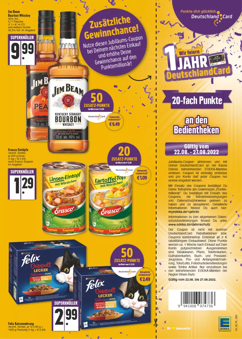 Aktueller Prospekt E Center - Angebote der Woche - von 22.08 bis 27.08.2022 - strona 3 - produkty: angebot, bourbon, bourbon whiskey, buch, coupon, coupons, deka, deutschlandcard, eintöpfe, eis, erasco, erde, felix, flasche, gewinnspiel, guthabenkarte, jim beam, katzennahrung, LG, lion, milch, suppe, suppen, Tchibo, telefon, Ti, Tiere, uhr, whiskey