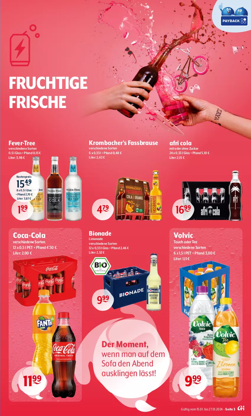 Aktueller Prospekt Getraenke Hoffmann - Prospekte - von 15.01 bis 27.01.2024 - strona 3 - produkty: Afri Cola, Alwa, bio, bionade, brause, coca-cola, cola, eis, fassbrause, fever-tree, flasche, Forstetal, frucht, gerolsteine, gerolsteiner, glasflasche, hochwald, krombache, krombacher, limo, limonade, mineralwasser, natur, natürliches mineralwasser, reis, rel, Sofa, steiner, Steinsieker, tee, Ti, volvic, wasser, zucker