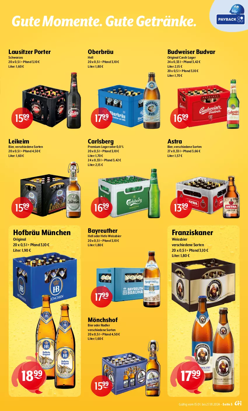 Aktueller Prospekt Getraenke Hoffmann - Prospekte - von 15.01 bis 27.01.2024 - strona 5 - produkty: Astra, bier, budweiser, carlsberg, corona, eis, elle, ente, franziskaner, getränk, getränke, gin, grevensteiner, Guinness, Hefe, Kilkenny, mais, mönchshof, nuss, oder radler, radler, schöfferhofer, steiner, Ti, warsteiner, weissbier