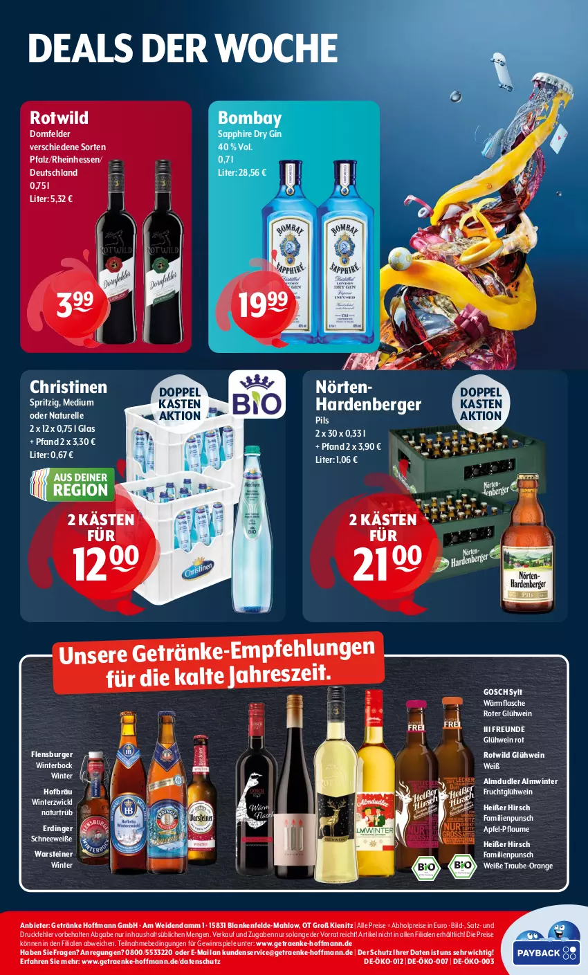 Aktueller Prospekt Getraenke Hoffmann - Prospekte - von 15.01 bis 27.01.2024 - strona 6 - produkty: abholpreise, almdudler, apfel, Berger, burger, dornfelder, dry gin, eis, elle, erdinger, flasche, flensburger, frucht, getränk, getränke, gewinnspiel, gin, Glühwein, natur, orange, pflaume, pils, reis, rel, sapphire, Spiele, steiner, Ti, warsteiner, wein, WICK, Wild