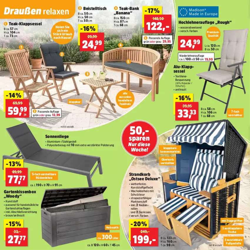 Aktueller Prospekt Thomas Philipps - von 27.04 bis 02.05.2026 - strona 12 - produkty: alu-klappsessel, axe, Bank, beistelltisch, braun, eis, elle, Garten, gartenstuhl, Holz, kissen, klappsessel, korb, kunststoffgeflecht, LG, Liege, mm extra, ndk, rel, sessel, sonnenliege, strandkorb, stuhl, Ti, tisch, tragegriff, wasser, zierkissen
