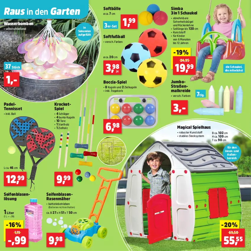 Aktueller Prospekt Thomas Philipps - von 27.04 bis 02.05.2026 - strona 18 - produkty: ball, batterie, batterien, bügel, Fußball, Garten, Holz, jumbo, Kinder, korb, Kreide, Kugel, LG, rasen, rasenmäher, Rockets, rückenlehne, Schaukel, Seife, sim, simba, wasser, wasserbomben