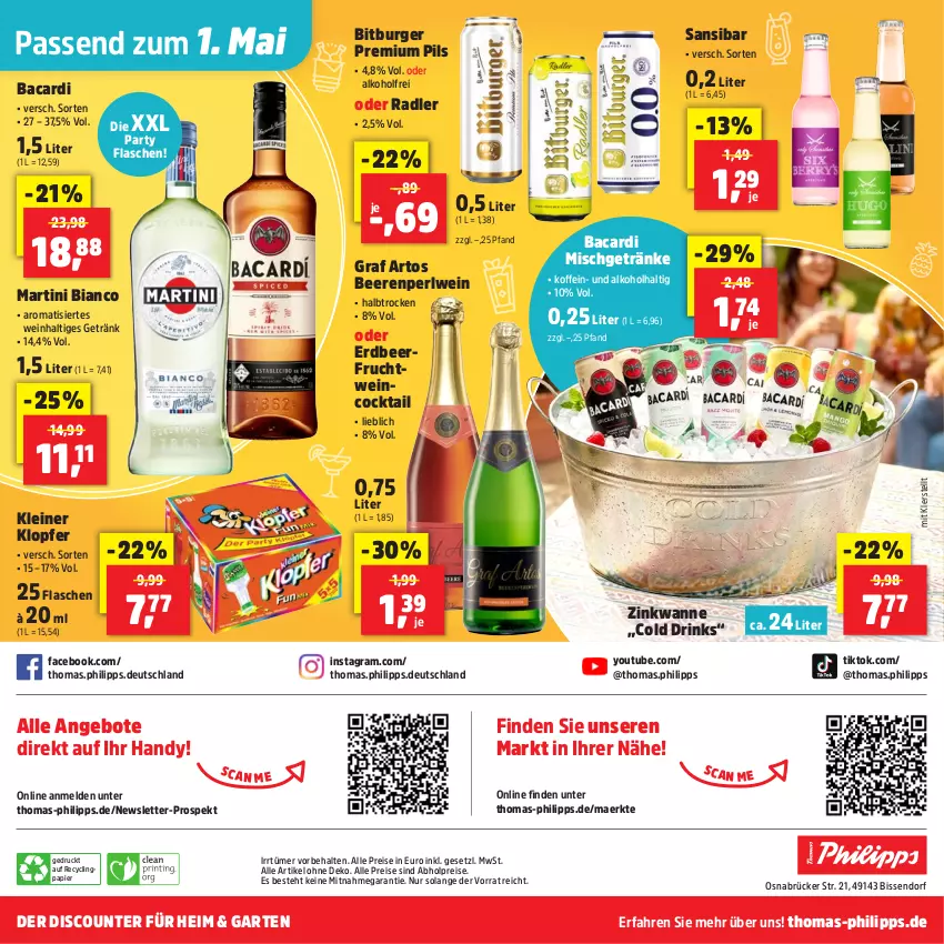 Aktueller Prospekt Thomas Philipps - von 27.04 bis 02.05.2026 - strona 29 - produkty: abholpreise, alkohol, alle preise sind abholpreise, angebot, angebote, bacardi, beere, beeren, bitburger, burger, Clin, cocktail, discount, drink, drinks, eis, flasche, frucht, Garten, getränk, getränke, Handy, kleiner klopfer, leine, martini, oder radler, papier, pils, premium pils, radler, reis, Ti, Wanne, wein, Yo