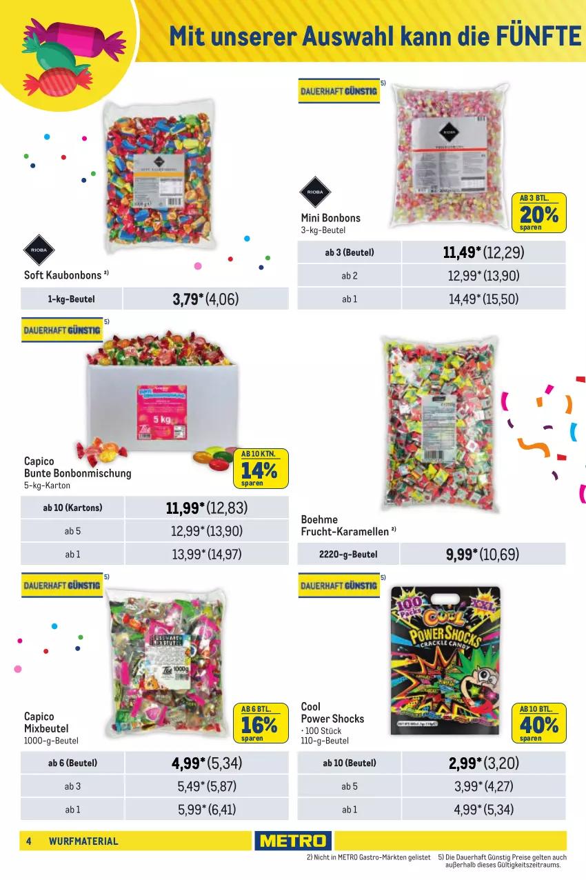 Aktueller Prospekt Metro - Wurfmaterial Bestellkatalog - von 02.10.2024 bis 05.03.2025 - strona 4 - produkty: auer, aust, beutel, bonbons, brause, Cap, chupa, chupa chups, eis, elle, frucht, gin, karamell, Kaustreifen, Lutscher, Metro, metro gastro, Muscheln, reifen, reis, Ria, Ti