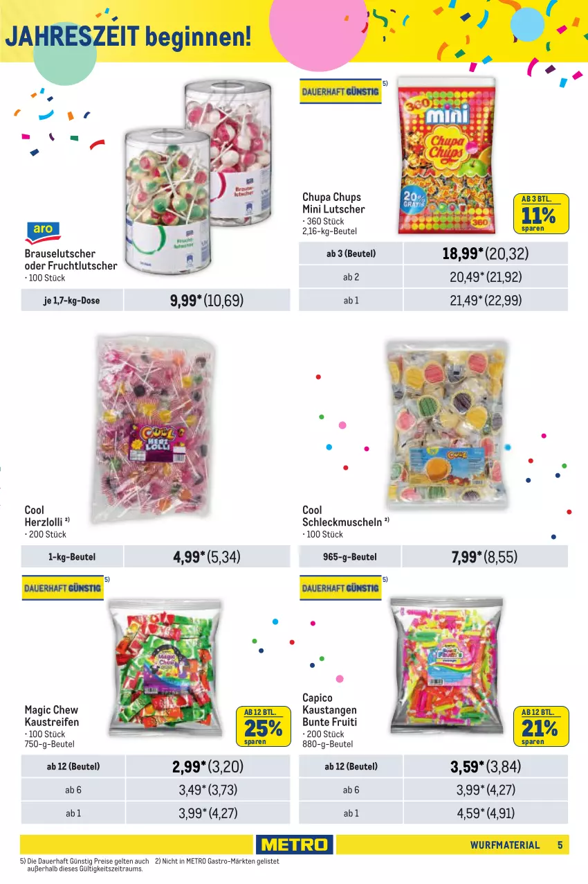 Aktueller Prospekt Metro - Wurfmaterial Bestellkatalog - von 02.10.2024 bis 05.03.2025 - strona 5 - produkty: auer, aust, beutel, bonbons, brause, Cap, chupa, chupa chups, eis, elle, frucht, gin, karamell, Kaustreifen, Lutscher, Metro, metro gastro, Muscheln, reifen, reis, Ria, Ti