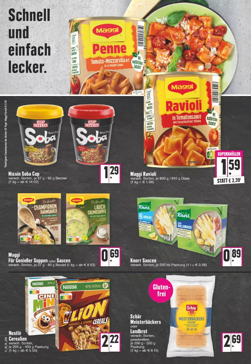 Aktueller Prospekt E Center - Angebote der Woche - von 13.03 bis 18.03.2023 - strona 16 - produkty: Becher, beutel, brot, eis, ente, knorr, maggi, Meister, mozzarella, Nissin, ravioli, reis, rel, sauce, saucen, suppe, suppen, tomate, ZTE