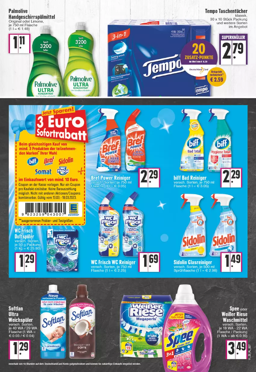 Aktueller Prospekt E Center - Angebote der Woche - von 13.03 bis 18.03.2023 - strona 27 - produkty: angebot, bier, coupon, coupons, ente, erde, flasche, geschirr, geschirrspülmittel, gin, limo, olive, palmolive, reifen, sidolin, Softlan, somat, spülmittel, Tasche, taschen, taschentücher, Tempo, Ti, tücher, waschmittel, weichspüler, Yo