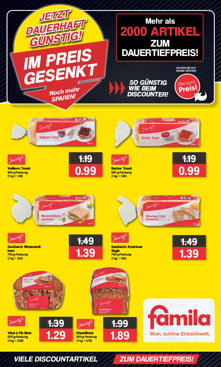 Aktueller Prospekt Famila - Prospekte - von 17.01 bis 03.02.2024 - strona 1 - produkty: angebot, angebote, auer, brot, butter, dauertiefpreis, discount, eis, Eiweißbrot, korn, reis, sandwich, Ti, tiefpreis, toast, vita