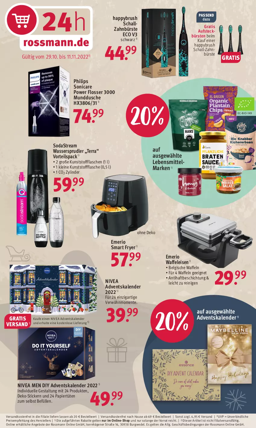 Aktueller Prospekt Rossmann - Prospekte - von 31.10 bis 04.11.2022 - strona 16 - produkty: Adventskalender, angebot, angebote, aufsteckbürsten, bio, bürste, bürsten, dusche, eis, elle, ente, flasche, lebensmittel, leine, LG, ndk, nivea, Nivea Men, papier, Papiertüte, Philips, reis, Schal, schallzahnbürste, Soda, sodastream, sonicare, teller, Ti, Tüte, versandkostenfrei, Waffeleisen, waffeln, wasser, wassersprudler, wedel, zahnbürste