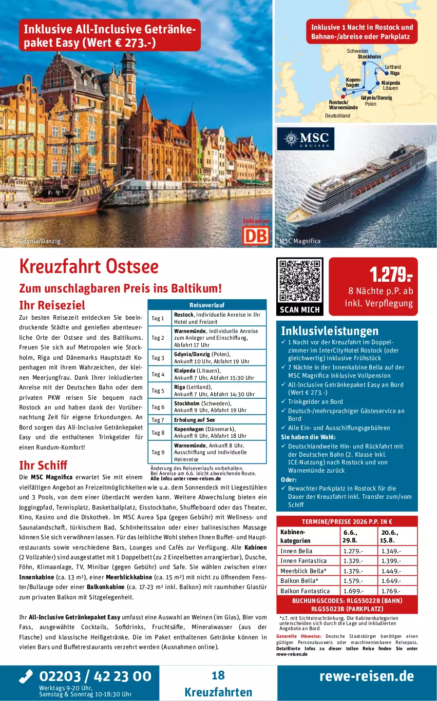 Aktueller Prospekt Rewe Reisen - Reiseprospekt - von 28.05 bis 27.06.2025 - strona 18 - produkty: Alwa, angebot, angebote, asti, auer, Bad, balkonkabine, ball, bett, Betten, bier, Brei, buch, cocktail, cocktails, decke, drink, drinks, dusche, eis, elle, ente, erde, fanta, fenster, flasche, frucht, fruchtsäfte, getränk, getränke, gin, Glastür, inklusivleistungen, Jungfrau, kreuzfahrten, leine, LG, Liege, Liegestühl, meerblickkabine, Metro, mineralwasser, Persona, pool, reis, reiseverlauf, rel, säfte, Stühl, Thea, Ti, uhr, wasser, wein, weine