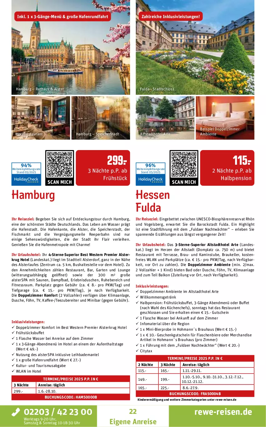 Aktueller Prospekt Rewe Reisen - Reiseprospekt - von 28.05 bis 27.06.2025 - strona 22 - produkty: Bad, Bademantel, bett, bier, Biere, bio, buch, dusche, eis, elle, ente, fisch, flasche, Fulda, Garten, getränk, gutschein, inklusivleistungen, kaffee, Kamin, Kinder, küche, Küchen, Mantel, Metro, reis, Ria, rum, stube, tee, Ti, uhr, wasser, Weste