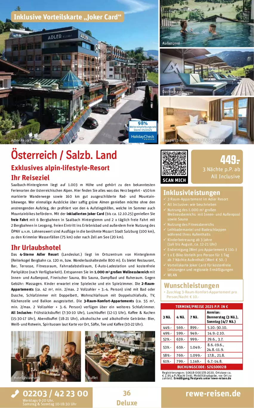 Aktueller Prospekt Rewe Reisen - Reiseprospekt - von 28.05 bis 27.06.2025 - strona 36 - produkty: alkohol, alkoholfreie getränke, auto, axe, Bad, Bademantel, bett, bier, bio, buch, dusche, E-Bike, eis, elle, erde, Fahrrad, getränk, getränke, inklusivleistungen, kaffee, Kinder, küche, Küchen, kuchen, Küchenzeile, Mantel, Mountainbike, pool, Reinigung, reis, rotwein, rum, rwe, saft, säfte, salz, schlafsofa, schlafzimmer, Sofa, Spiele, spirituosen, tee, Ti, uhr, usb, wasser, wein, wellnessbereich
