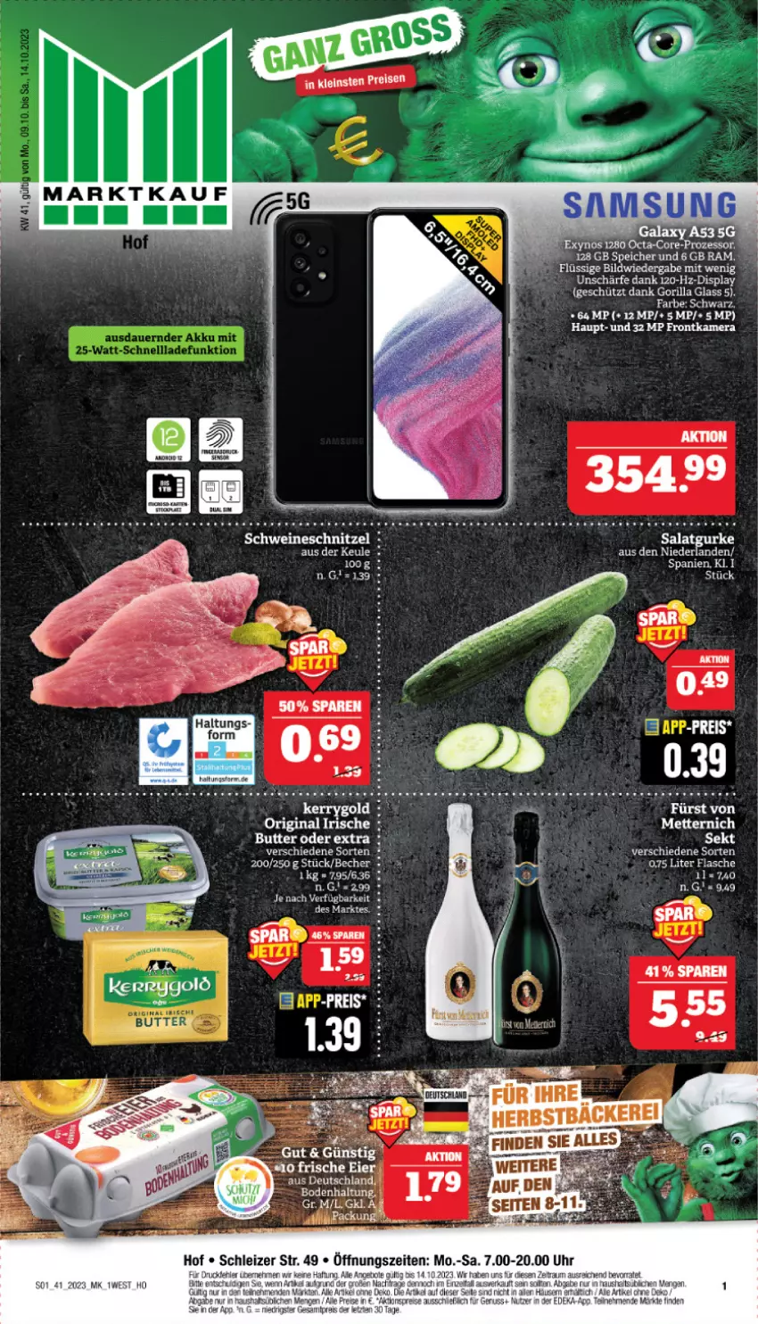 Aktueller Prospekt Marktkauf - Prospekt - von 08.10 bis 14.10.2023 - strona 1 - produkty: cola, eier, eis, frontkamera, gin, gurke, kamera, kerrygold, reis, salat, Salatgurke, schnitzel, schwein, schweine, schweineschnitzel, Ti, uhr, wein, weine