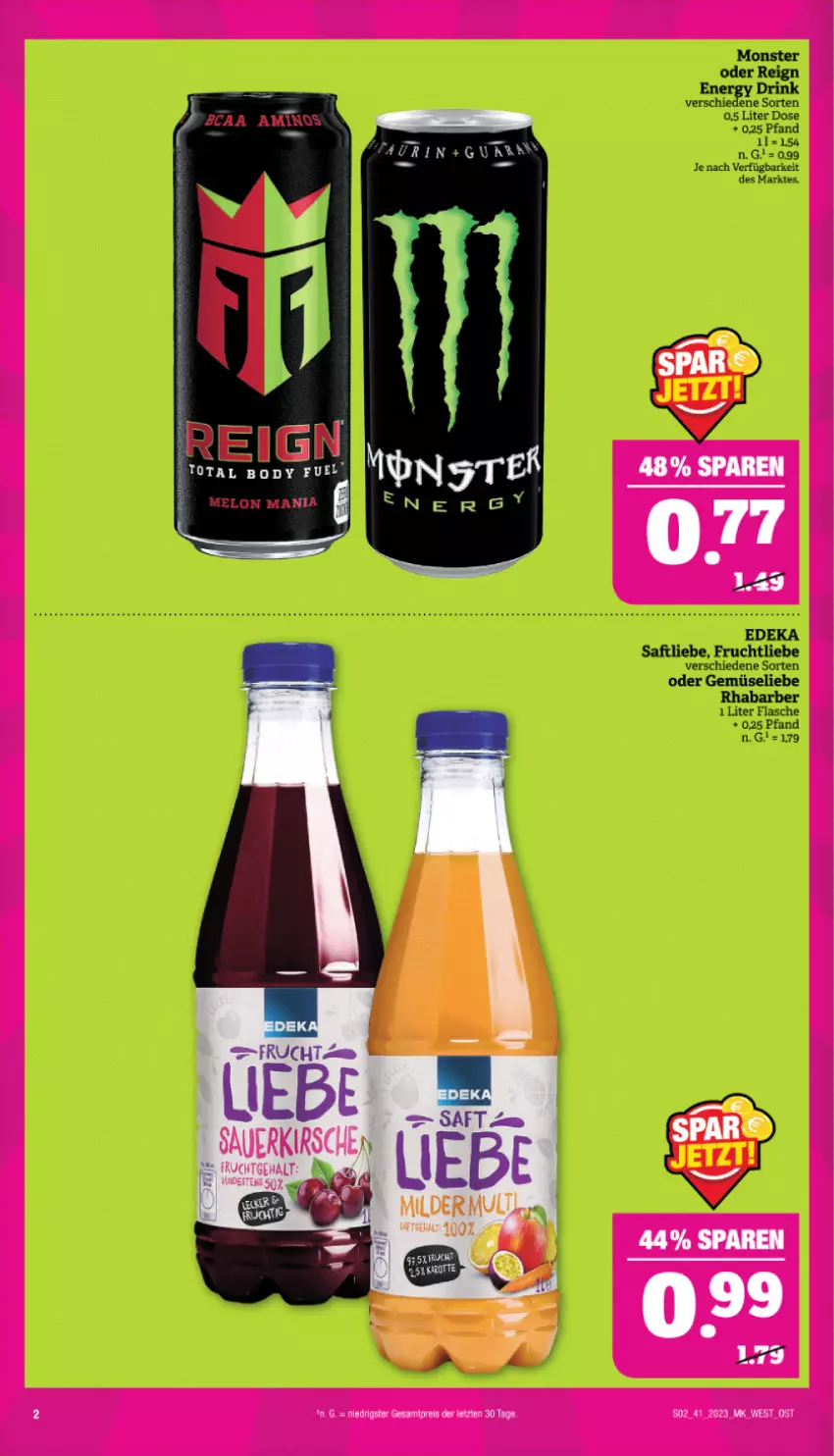 Aktueller Prospekt Marktkauf - Prospekt - von 08.10 bis 14.10.2023 - strona 2 - produkty: deka, drink, energy drink, flasche, frucht, monster, rhabarber, saft