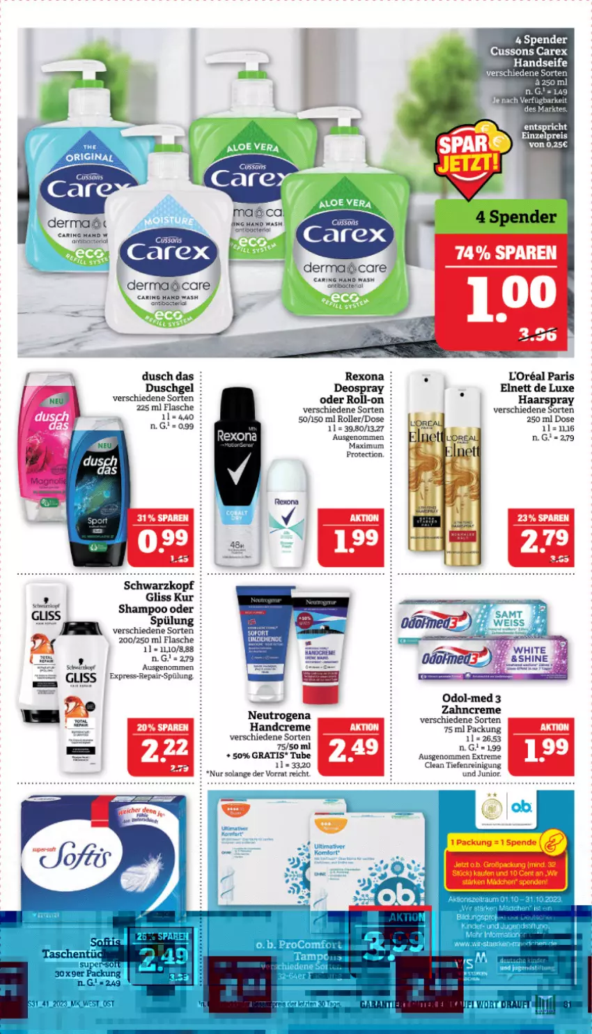 Aktueller Prospekt Marktkauf - Prospekt - von 08.10 bis 14.10.2023 - strona 31 - produkty: creme, deo, deospray, duschgel, eis, elnett, flasche, gliss, gliss kur, haarspray, handcreme, Handseife, neutrogena, Odol, Odol-med 3, Reinigung, reis, rexona, Ria, ring, roll-on, Roller, schwarzkop, schwarzkopf, Seife, shampoo, spülung, Tasche, taschen, Ti, zahncreme