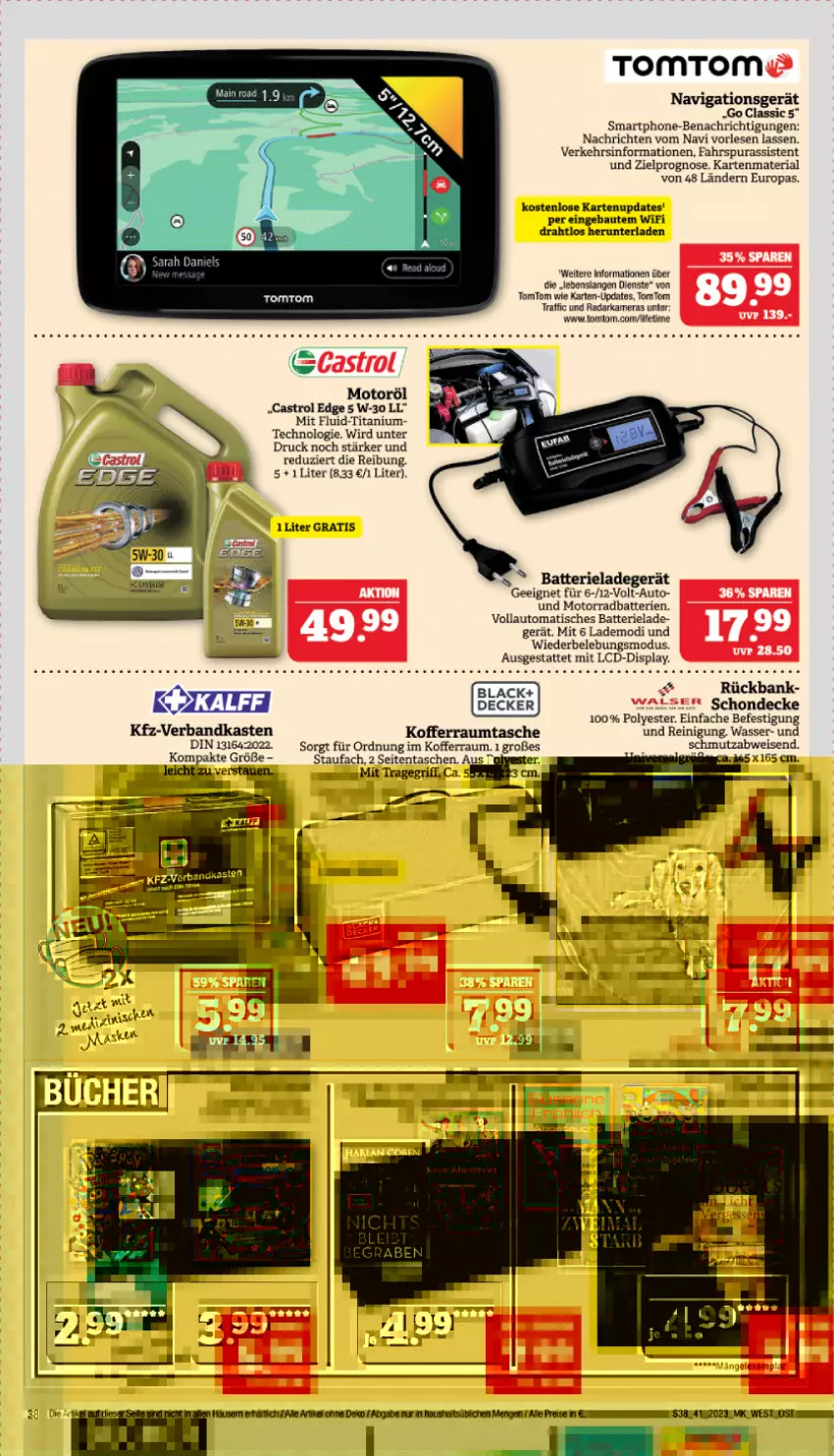 Aktueller Prospekt Marktkauf - Prospekt - von 08.10 bis 14.10.2023 - strona 38 - produkty: auto, Bank, batterie, batterien, Bau, decke, Draht, eis, K2, kamera, Kameras, kfz-verbandkasten, koffer, lack, ladegerät, navigationsgerät, ndk, Reinigung, reis, Ria, smartphone, Tasche, taschen, Ti, tisch, tomtom, tragegriff, Verbandkasten, wasser