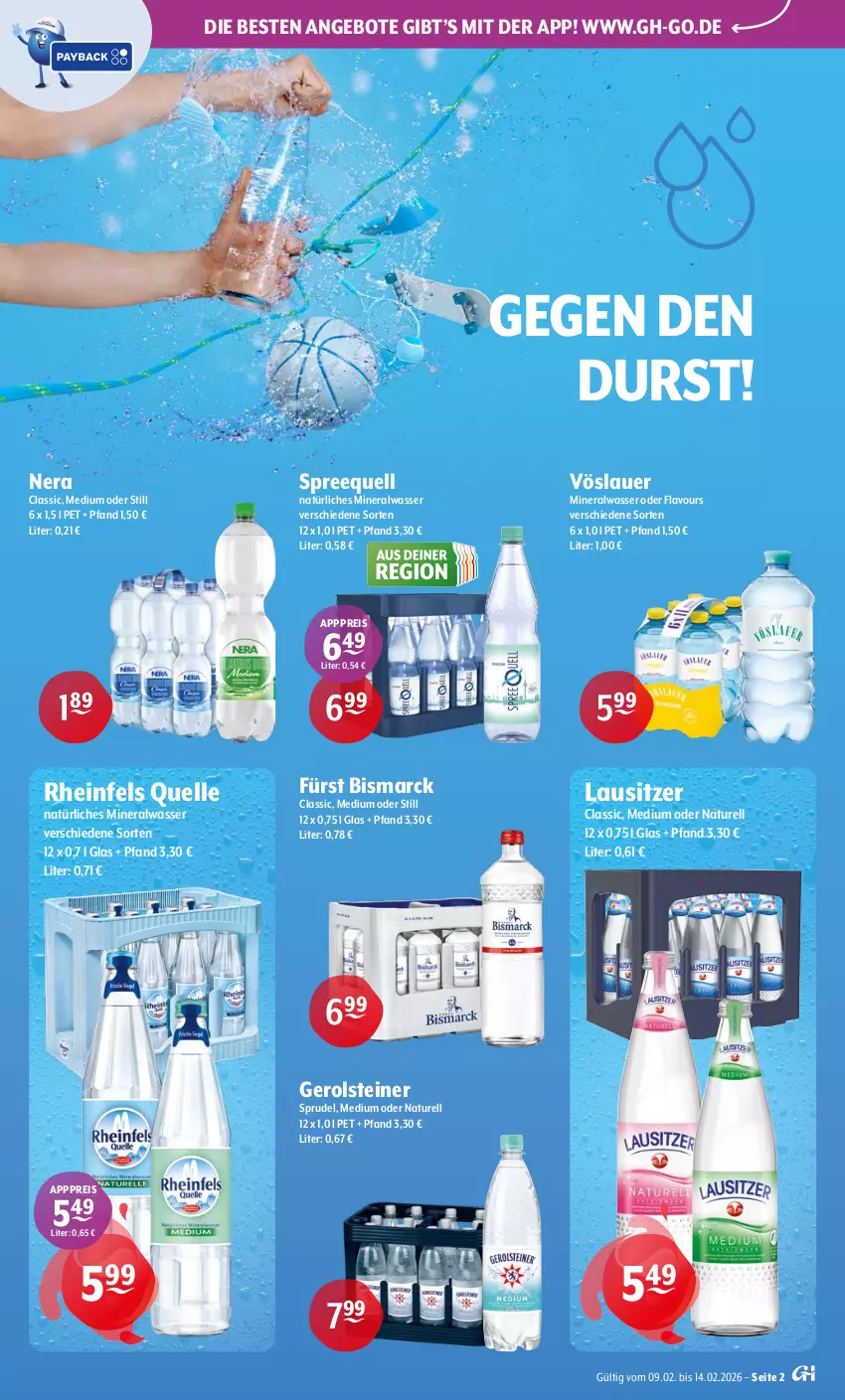 Aktueller Prospekt Getraenke Hoffmann - Prospekte - von 09.02 bis 14.02.2026 - strona 2 - produkty: Alwa, angebot, angebote, auer, bismarck, eis, elle, gerolsteine, gerolsteiner, mineralwasser, natur, natürliches mineralwasser, reis, rel, rheinfels quelle, Spreequell, Sprudel, steiner, Ti, vöslauer, wasser