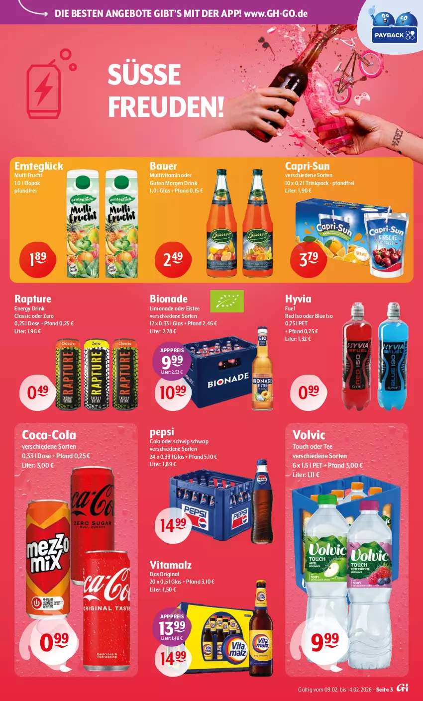 Aktueller Prospekt Getraenke Hoffmann - Prospekte - von 09.02 bis 14.02.2026 - strona 3 - produkty: angebot, angebote, auer, Bau, Bauer, bio, bionade, Cap, capri-sun, coca-cola, cola, drink, eis, eistee, energy drink, frucht, gin, limo, limonade, malz, pepsi, Pepsi Cola, reis, Schwip Schwap, tee, Ti, vita, vitamalz, volvic