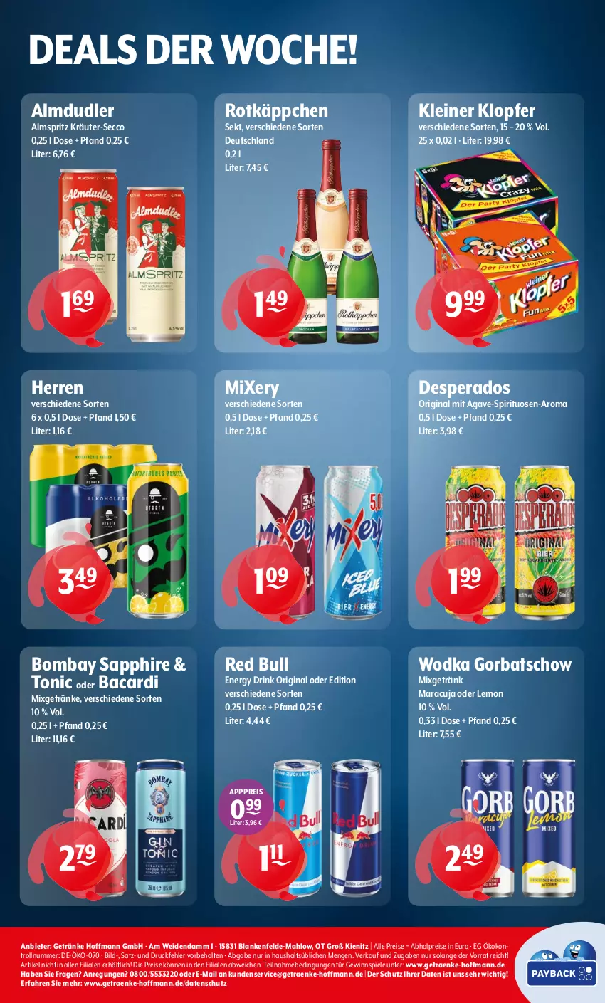Aktueller Prospekt Getraenke Hoffmann - Prospekte - von 09.02 bis 14.02.2026 - strona 8 - produkty: abholpreise, almdudler, bacardi, bombay sapphire, desperados, drink, ecco, eis, energy drink, getränk, getränke, gewinnspiel, gin, Gorbatschow, kleiner klopfer, kräuter, leine, maracuja, Mixer, mixery, Mixgetränk, red bull, reis, rotkäppchen, sapphire, sekt, Spiele, spirituosen, Ti, tonic, wodka