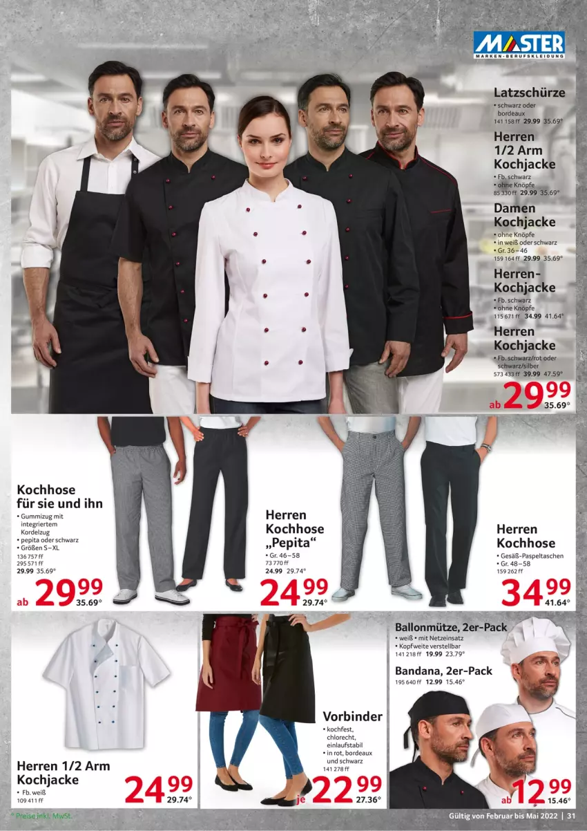 Aktueller Prospekt Selgros - Gastronomie - von 01.02 bis 31.05.2022 - strona 31 - produkty: ball, eis, hose, Jacke, kleid, Kleidung, Mütze, reis, Schürze, Tasche, taschen