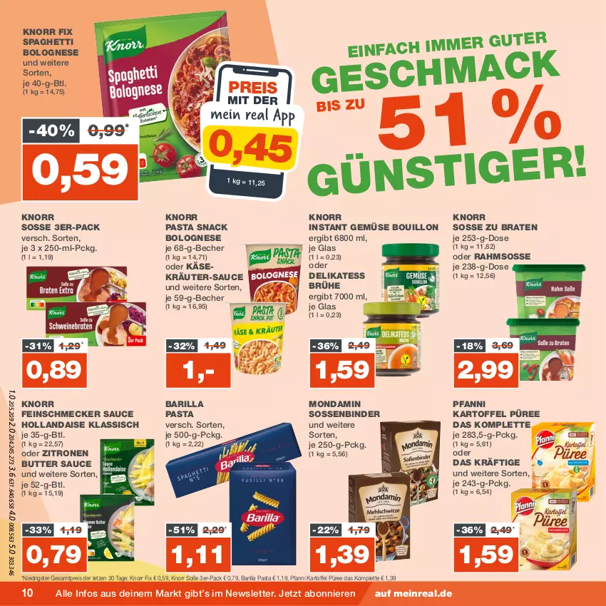 Aktueller Prospekt Real - von 28.08 bis 02.09.2023 - strona 10 - produkty: barilla, Becher, bolognese, braten, Brühe, butter, eis, feinschmecker, hollandaise, kartoffel, Käse, knorr, knorr fix, knorr pasta, kräuter, mac, mondamin, pasta, pasta snack, pfanni, püree, reis, sauce, sauce hollandaise, snack, Soße, spaghetti, spaghetti bolognese, Ti, zitrone, zitronen