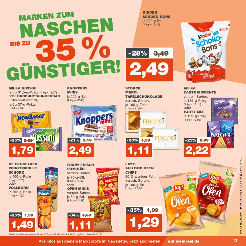 Aktueller Prospekt Real - von 28.08 bis 02.09.2023 - strona 13 - produkty: chips, de beukelaer, eis, ente, erdnuss, Funny Frisch, funny-frisch, karamell, Kinder, knoppers, korn, merci, milka, nuss, Ofen, pom-bär, prinzenrolle, reis, schoko, schoko-bons, schokolade, storck, tafelschokolade, Ti