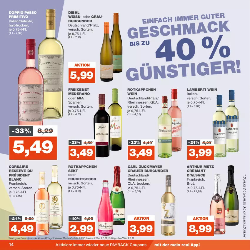 Aktueller Prospekt Real - von 28.08 bis 02.09.2023 - strona 14 - produkty: Amber, auer, brut, burgunder, Corsaire, coupon, coupons, doppio passo, ecco, eis, freixenet, frucht, fruchtsecco, grauburgunder, grauer burgunder, mac, passo, payback, primitivo, reis, rotkäppchen, sac, sekt, Ti, wein