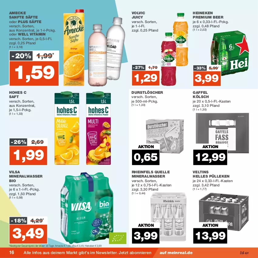 Aktueller Prospekt Real - von 28.08 bis 02.09.2023 - strona 16 - produkty: Alwa, amecke, bio, durstlöscher, eis, elle, heineken, Hohes C, mineralwasser, reis, rheinfels quelle, saft, säfte, Ti, veltins, vilsa, vita, volvic, wasser