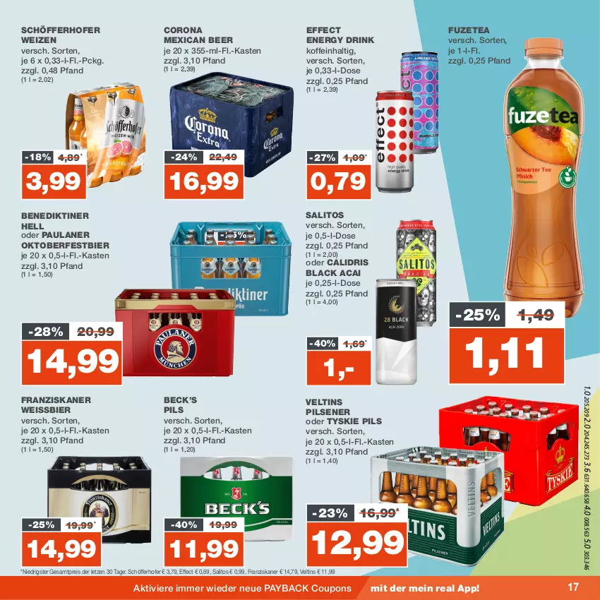 Aktueller Prospekt Real - von 28.08 bis 02.09.2023 - strona 17 - produkty: Benediktiner, bier, corona, coupon, coupons, drink, Effect, eis, energy drink, franziskaner, fuzetea, lack, Paula, paulaner, payback, pils, pilsener, reis, schöfferhofer, Ti, tyskie, veltins, veltins pilsener, weissbier