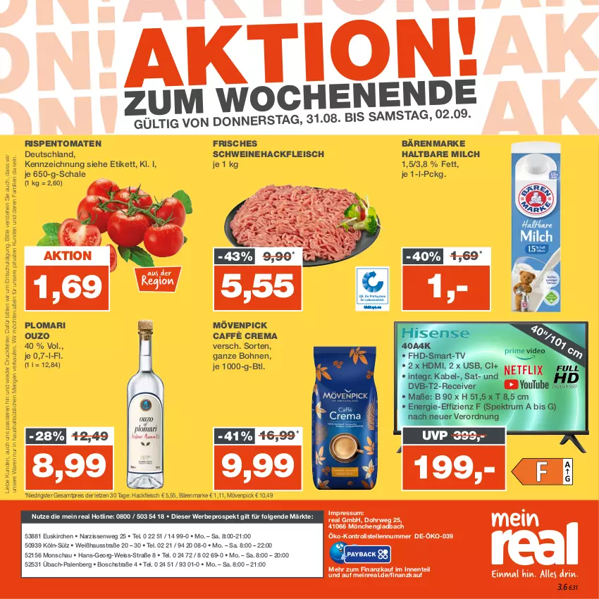 Aktueller Prospekt Real - von 28.08 bis 02.09.2023 - strona 28 - produkty: bärenmarke, bohne, bohnen, bosch, caffè crema, dvb, DVB-T, eis, elle, ente, fleisch, hackfleisch, haltbare milch, HDMI, LG, milch, mövenpick, Narzissen, ouzo, Receiver, reis, rispentomaten, rum, rwe, Schal, Schale, schwein, schweine, Schweinehackfleisch, Spektrum, Ti, tomate, tomaten, usb, wein, weine