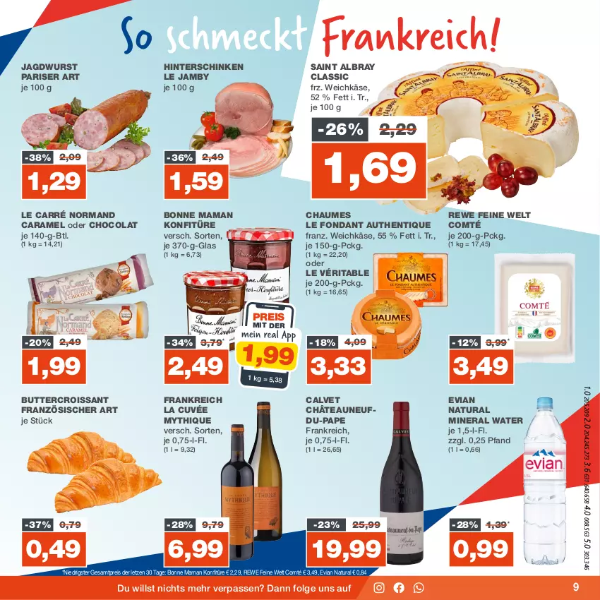 Aktueller Prospekt Real - von 28.08 bis 02.09.2023 - strona 9 - produkty: albray, bonne maman, butter, caramel, chaumes, cola, comté, Croissant, cuvée, eis, hinterschinken, jagdwurst, Käse, konfitüre, LG, mam, natur, natura, reis, rewe feine welt, saint albray, schinken, Ti, weichkäse, wurst