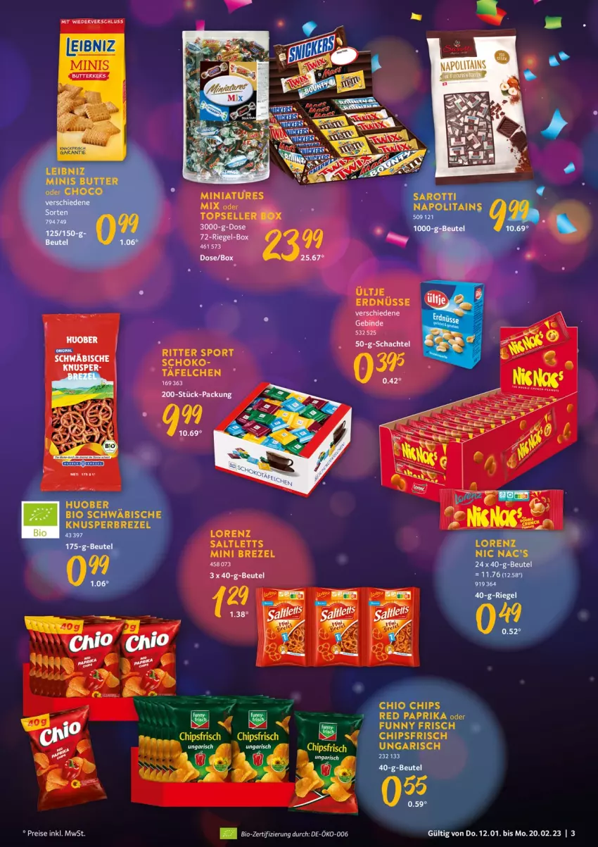 Aktueller Prospekt Selgros - Karneval - von 12.01 bis 20.02.2023 - strona 3 - produkty: abis, bio, brezel, chio chips, chips, chipsfrisch, eis, elle, ente, erdnuss, huober, lorenz, nuss, reis, riegel, ritter, ritter sport, saro, sarotti, schoko, Sport, tee, Ti