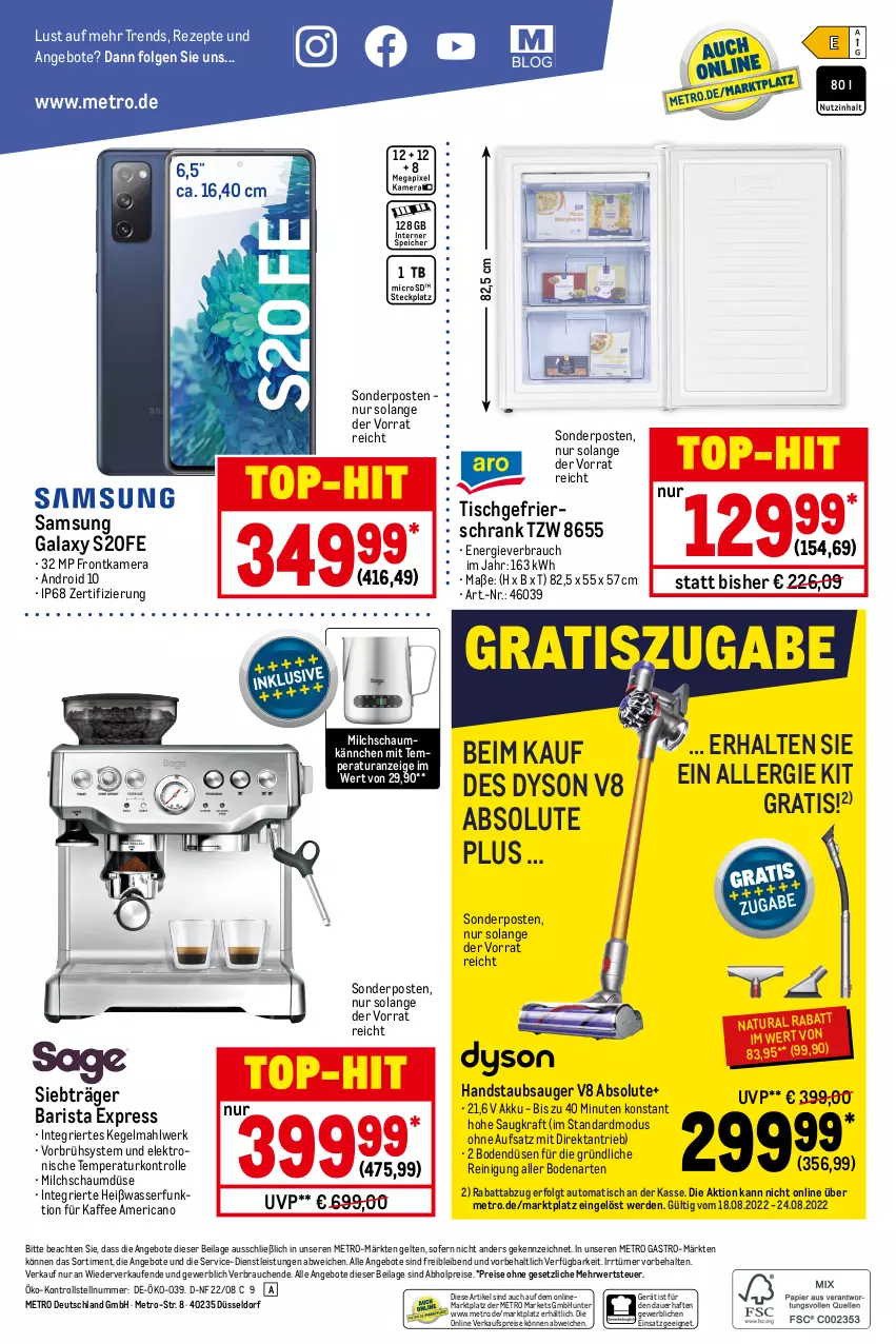 Aktueller Prospekt Metro - NonFood - von 18.08 bis 24.08.2022 - strona 20 - produkty: abholpreise, akku, angebot, angebote, auer, auto, Dyson, eis, Elektro, erde, frontkamera, gefrierschrank, handstaubsauger, ilag, kaffee, kamera, kraft, LG, Metro, metro gastro, milch, natur, natura, Rauch, Reinigung, reis, rezept, rezepte, rwe, Samsung, samsung galaxy, Samsung Galaxy S, Samsung Galaxy S20, Schrank, sonderposten, staubsauger, Ti, tisch, top-hit, wasser