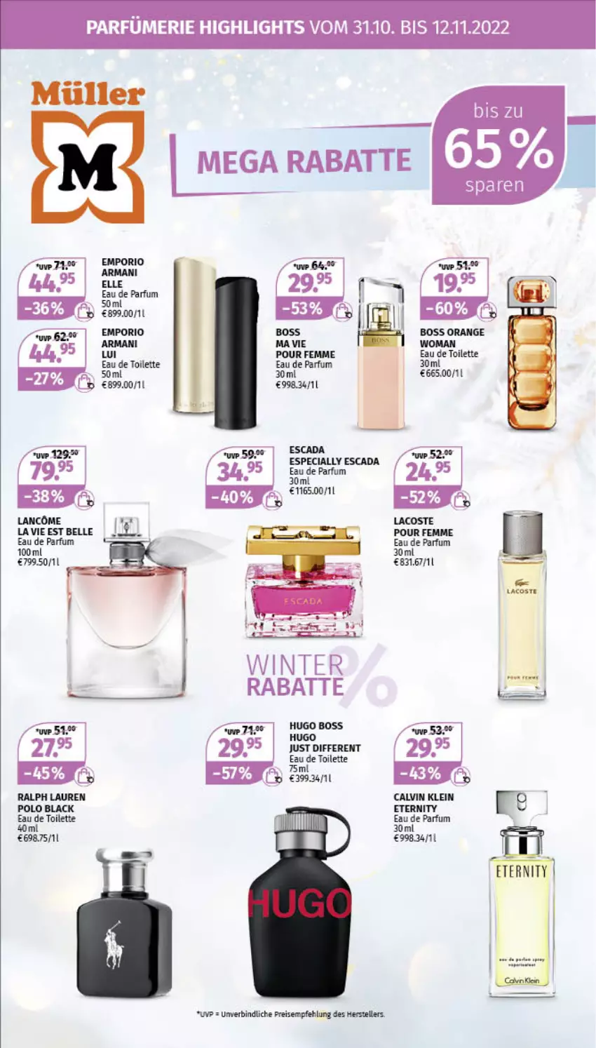 Aktueller Prospekt Mueller - Parfümerie Angebote - von 31.10 bis 12.11.2022 - strona 1 - produkty: boss, calvin klein, Eau de parfum, eau de parfum 30 ml, eau de toilette, eis, elle, Escada, hugo, hugo boss, lack, Lacoste, Müller, orange, parfum, Ralph Lauren, reis, teller, Yo