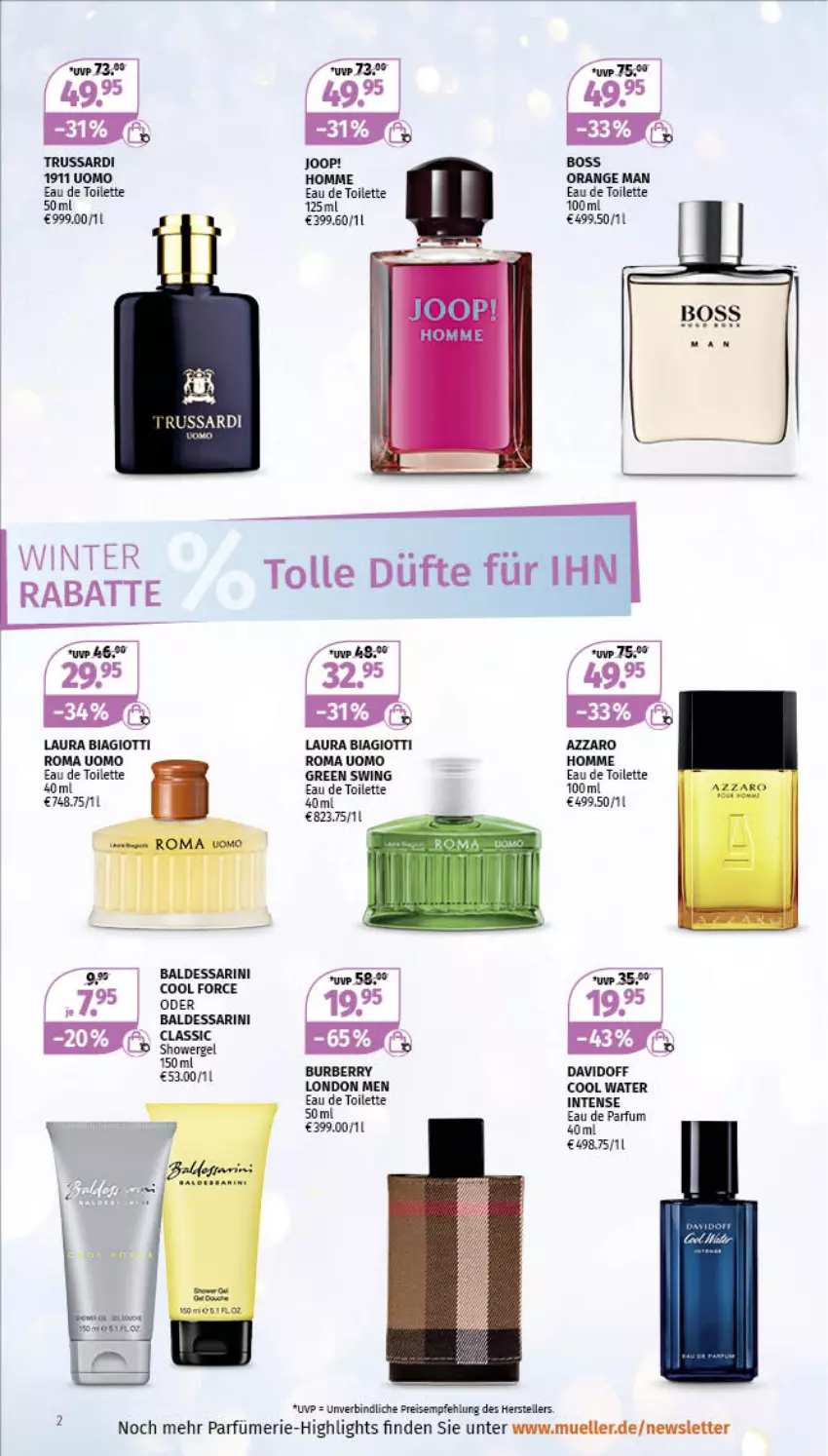 Aktueller Prospekt Mueller - Parfümerie Angebote - von 31.10 bis 12.11.2022 - strona 2 - produkty: Azzaro, boss, Burberry, davidoff, Eau de parfum, eau de toilette, eau de toilette 100 ml, eau de toilette 50 ml, eis, elle, Joop!, laura biagiotti, orange, parfum, reis, teller, Ti, Trussardi