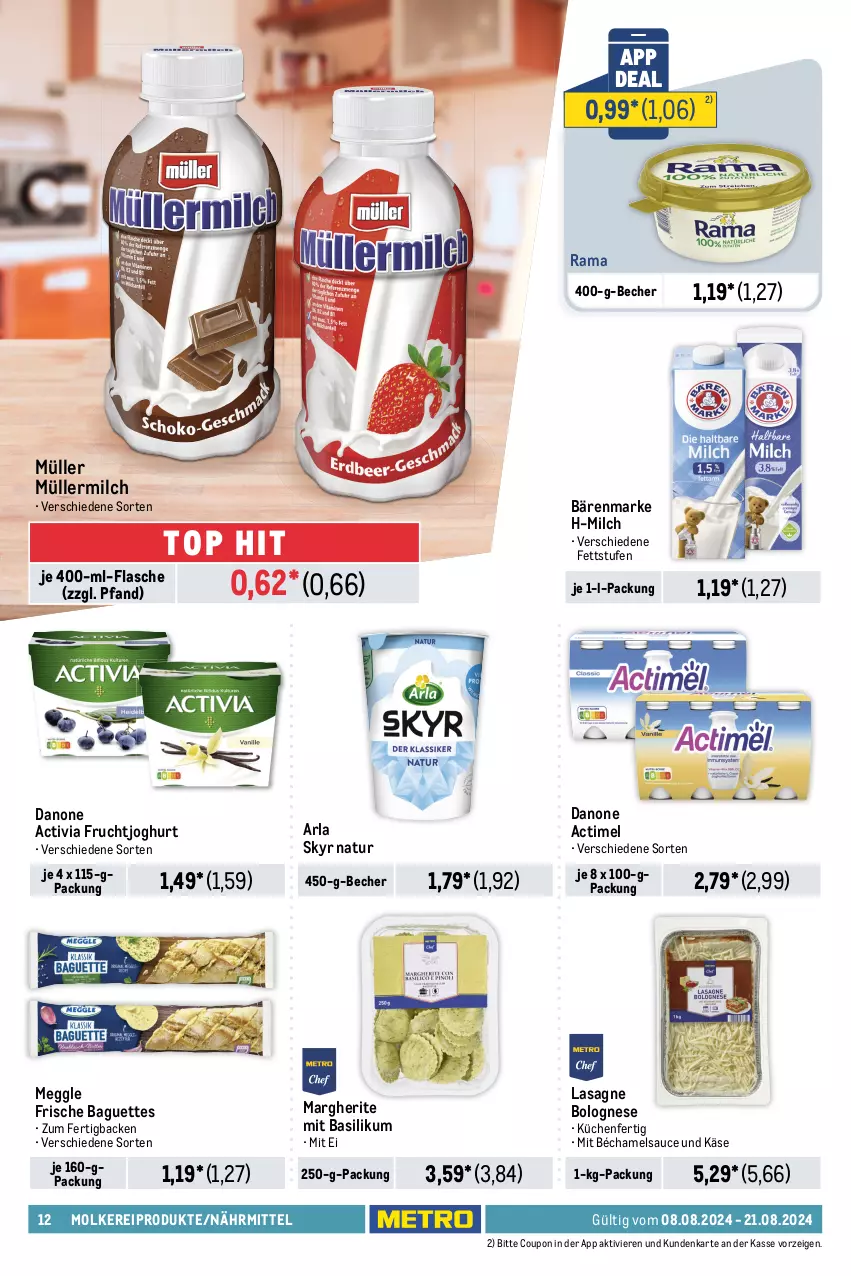 Aktueller Prospekt Metro - Food-NonFood - von 08.08 bis 21.08.2024 - strona 12 - produkty: actimel, activia, arla, arla skyr, auer, baguette, baguettes, bärenmarke, basilikum, Becher, berliner, berliner luft, bolognese, coca-cola, cola, coupon, danone, danone activia, Dr. Oetker, eis, ferrero, feta, flasche, frucht, fruchtjoghurt, getränk, getränke, gin, joghur, joghurt, Käse, Kinder, kinder bueno, küche, Küchen, lasagne, likör, mac, meggle, milch, molkereiprodukte, Müller, müllermilch, müsli, natur, Palette, pfeffer, pfefferminzlikör, rama, reis, sauce, Skyr, Ti, tisch, vita, vitalis, vitalis müsli