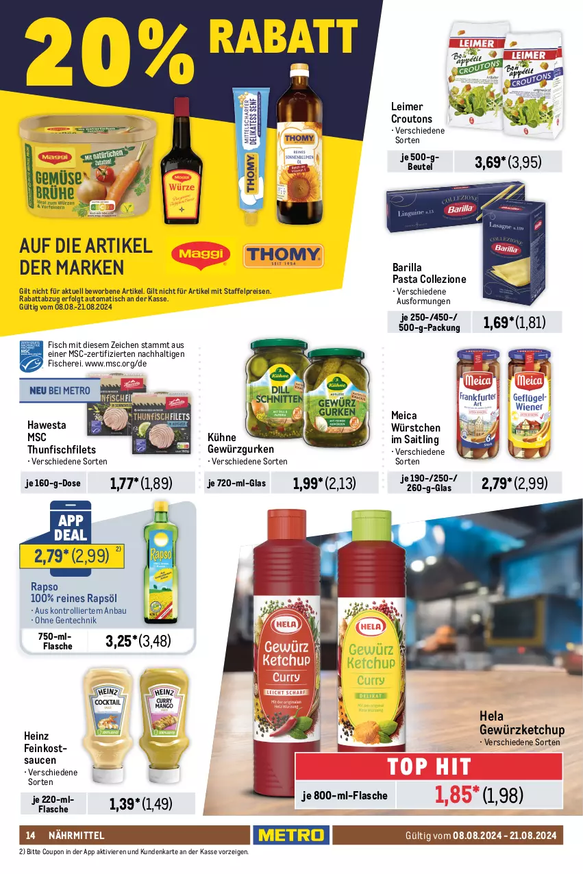 Aktueller Prospekt Metro - Food-NonFood - von 08.08 bis 21.08.2024 - strona 14 - produkty: auto, barilla, Bau, beutel, bohne, bohnen, bonne maman, caffè crema, cerealien, coupon, croutons, dallmayr, eimer, eis, ente, espresso, feinkost, filet, filets, fisch, fische, Fischer, flasche, gelee, getränk, getränke, gewürz, Gewürzgurke, gewürzgurken, gewürzketchup, gurke, gurken, hawesta, heinz, Hela, jacobs, käfer, kaffee, kaffeepads, Kellogg‘s, ketchup, konfitüre, Kühne, lavazza, leimer, LG, mam, meica, melitta, nespresso, pasta, rapso, rapsöl, reines rapsöl, reis, röstkaffee, sauce, saucen, Schere, senseo, starbucks, thunfisch, Ti, tisch, trolli, würstchen