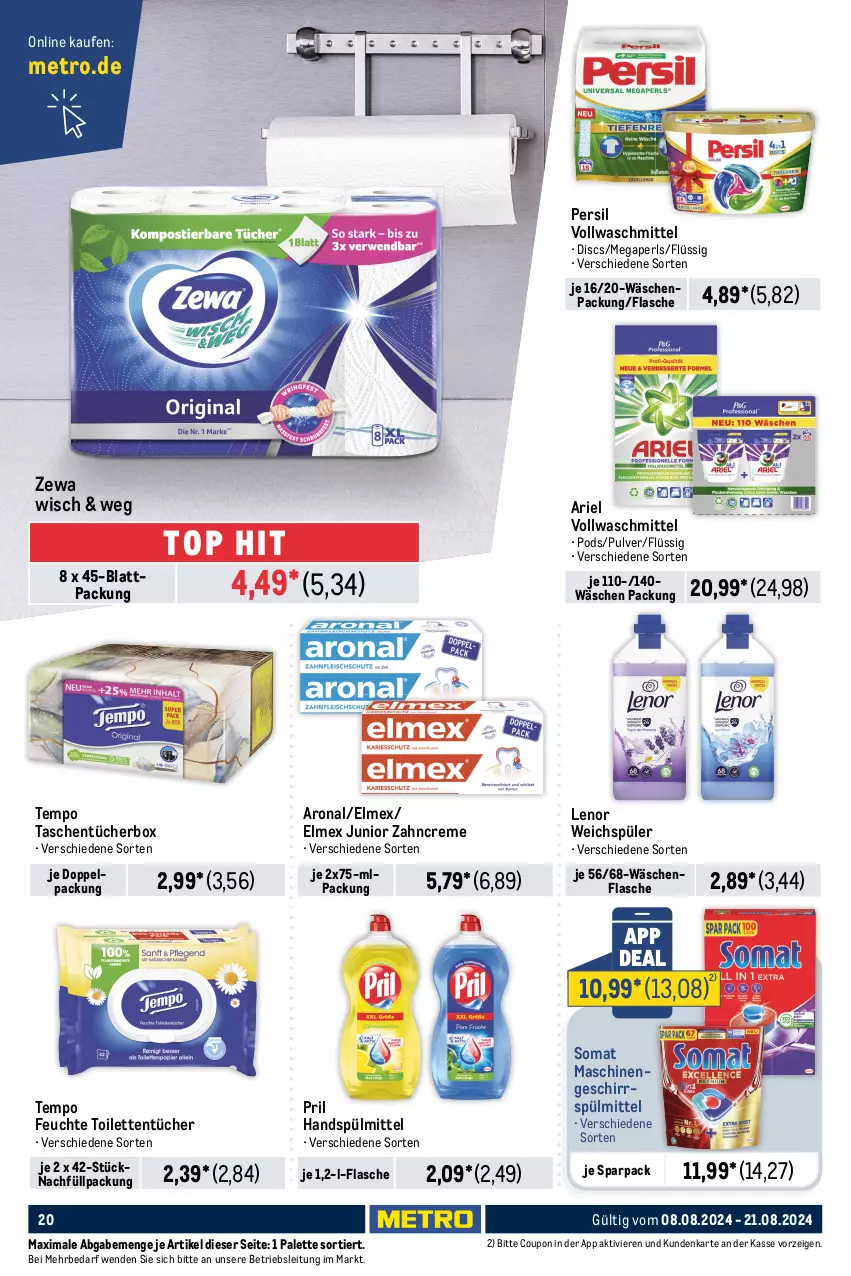 Aktueller Prospekt Metro - Food-NonFood - von 08.08 bis 21.08.2024 - strona 20 - produkty: akku, ariel, auer, auto, Behälter, beutel, bodenstaubsauger, bügel, Bügelstation, coupon, creme, dampfbügelstation, Dyson, eis, Elektro, elle, elmex, ente, flasche, geschirr, geschirrspülmittel, haartrockner, Hartbodenreiniger, Intel, kraft, lenor, lenor weichspüler, mac, megaperls, Metro, Palette, persil, Pinsel, Pods, pril, reiniger, Reinigung, reis, rwe, Schal, somat, sonderposten, spülmittel, staubbeutel, staubsauger, Tasche, taschen, taschentücher, Taschentücherbox, teller, Tempo, Ti, Tiere, tisch, toilettentücher, Trockner, tücher, vollwaschmittel, wandhalterung, waschmittel, wasser, wassertank, weichspüler, zahncreme, zewa