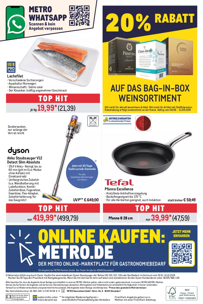 Aktueller Prospekt Metro - Food-NonFood - von 08.08 bis 21.08.2024 - strona 32 - produkty: abholpreise, Abtei, adapter, akku, angebot, angebote, aqua, auer, auto, backofen, bag-in-box, Dyson, eis, elle, filet, fisch, frischfisch, herdarten, ilag, lachs, lachsfilet, LG, mac, Metro, metro gastro, Ofen, pfanne, Rauch, reis, rwe, sonderposten, staubsauger, teller, Ti, Tiere, tisch, wandhalterung, wein