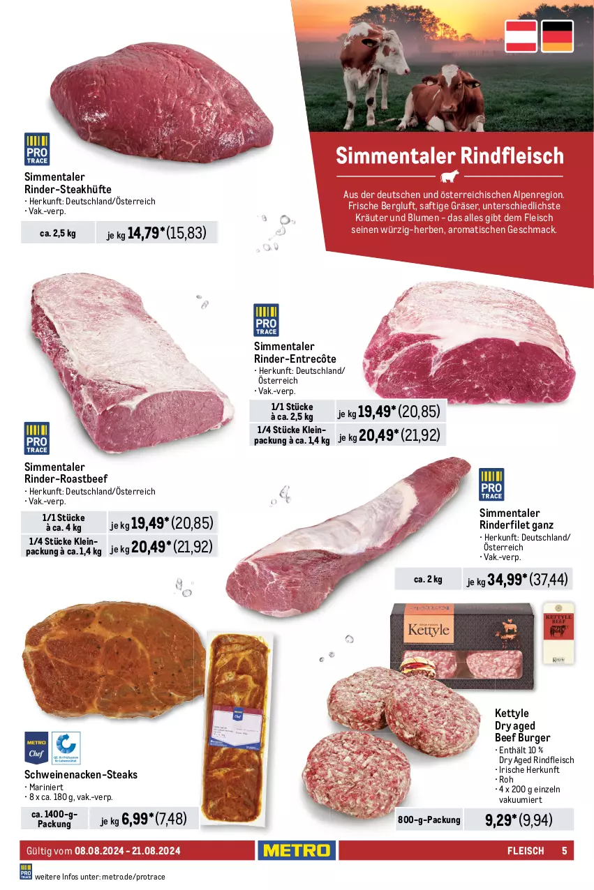 Aktueller Prospekt Metro - Food-NonFood - von 08.08 bis 21.08.2024 - strona 5 - produkty: beef, blume, blumen, burger, coupon, curry, eis, elle, entrecôte, filet, fleisch, kräuter, lamm, mac, Metro, reis, rind, rinder, rinderfilet, rindfleisch, roastbeef, saft, Schal, Schale, schwein, schweine, schweinenacken, sim, steak, steakhüfte, steaks, Ti, tisch, wein, weine