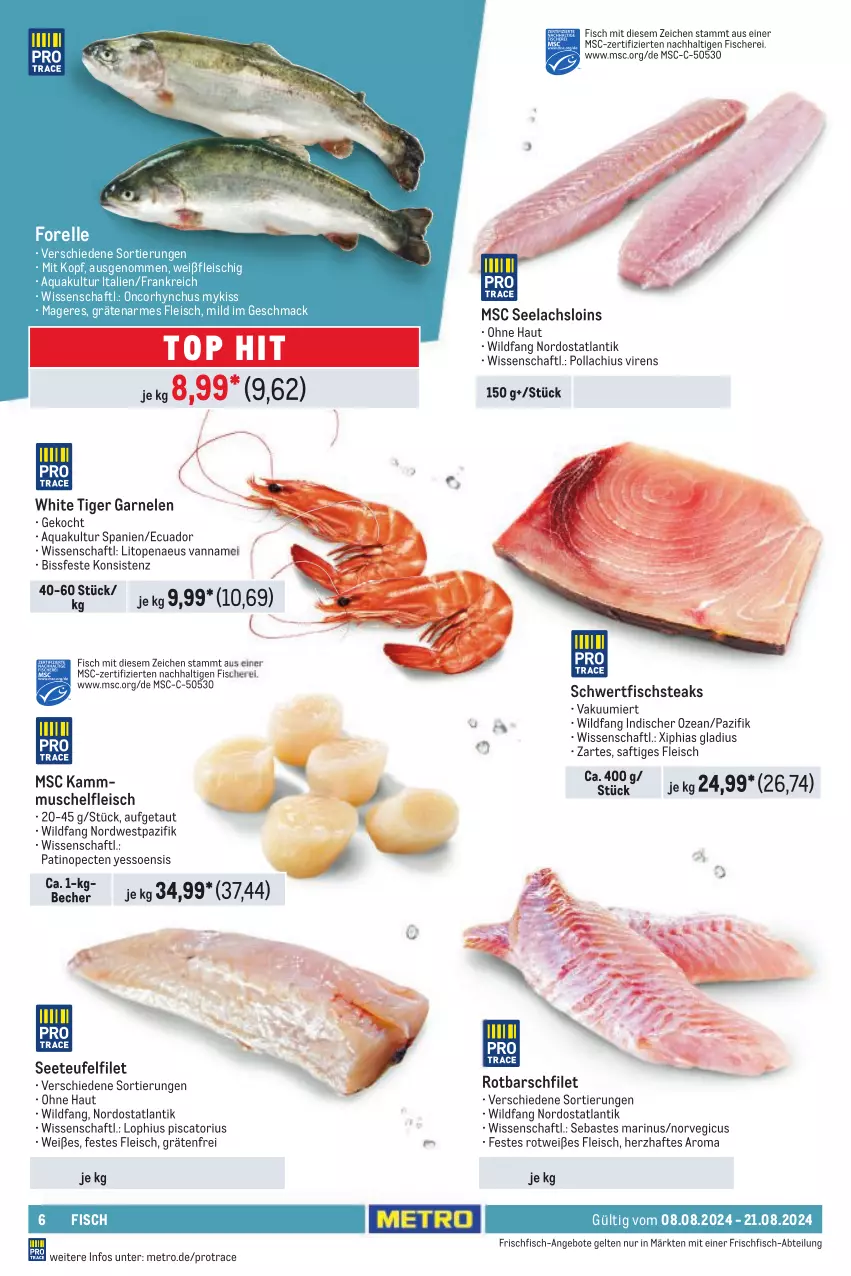 Aktueller Prospekt Metro - Food-NonFood - von 08.08 bis 21.08.2024 - strona 6 - produkty: Abtei, angebot, angebote, aqua, Becher, eis, elle, filet, fisch, fische, Fischer, fleisch, forelle, frischfisch, garnelen, lachs, mac, Metro, rel, Rotbarsch, rotbarschfilet, saft, Schere, steak, steaks, Ti, Wild