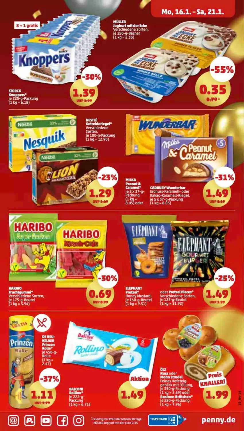 Aktueller Prospekt Penny - Prospekte - von 16.01 bis 21.01.2023 - strona 13 - produkty: Alcon, Becher, bett, beutel, brötchen, erdnuss, Getreideriegel, honey mustard, je 250-g-packung, joghur, joghurt, joghurt mit der ecke, kakao, karamell, milka, nuss, riegel, tee, Ti